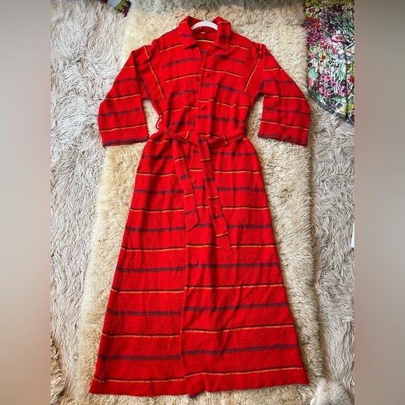 Vintage Dresses & Skirts - VTG red striped terry dress/robe/duster